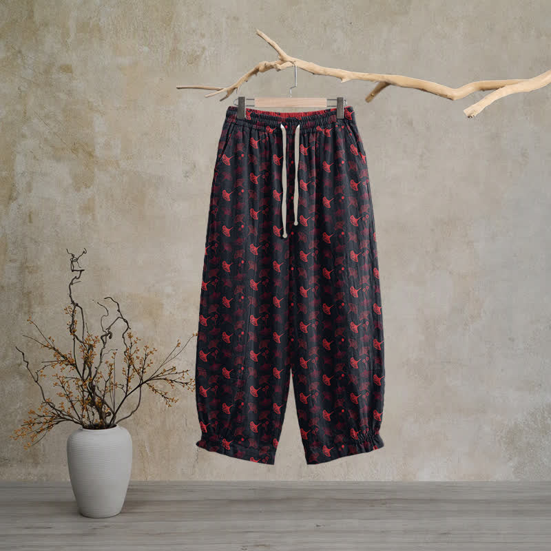 Lässige Loungehose aus Baumwolle im Retro-Stil mit Ginkgoblattmuster - Schwarz - XL - image 5