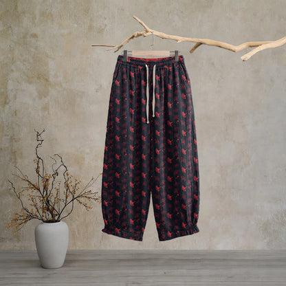 Lässige Loungehose aus Baumwolle im Retro-Stil mit Ginkgoblattmuster - Schwarz - XL - image 5