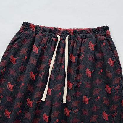Lässige Loungehose aus Baumwolle im Retro-Stil mit Ginkgoblattmuster - image 7