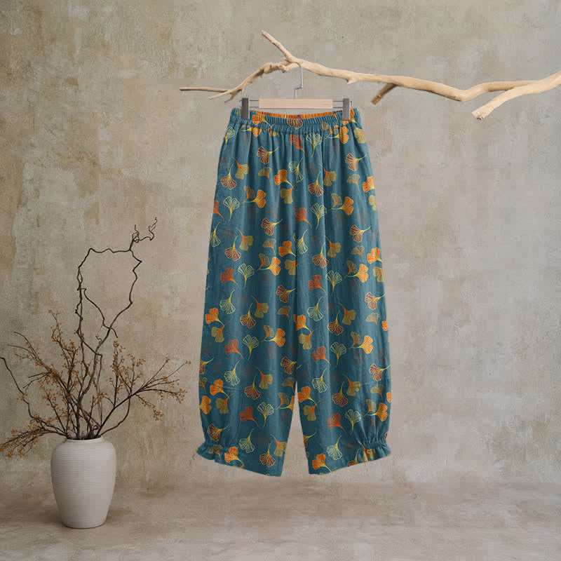 Mehrfarbige Loungehose aus Baumwolle mit Ginkgoblattmuster - Blau - XL - image 0