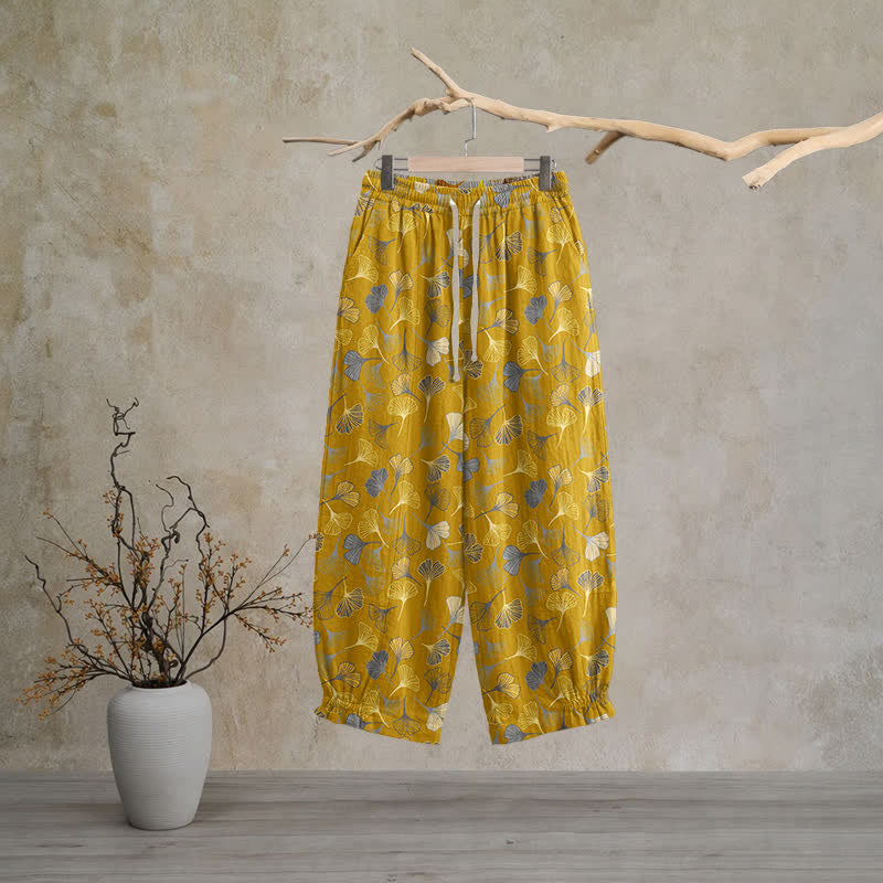 Mehrfarbige Loungehose aus Baumwolle mit Ginkgoblattmuster - Gelb - XL - image 5