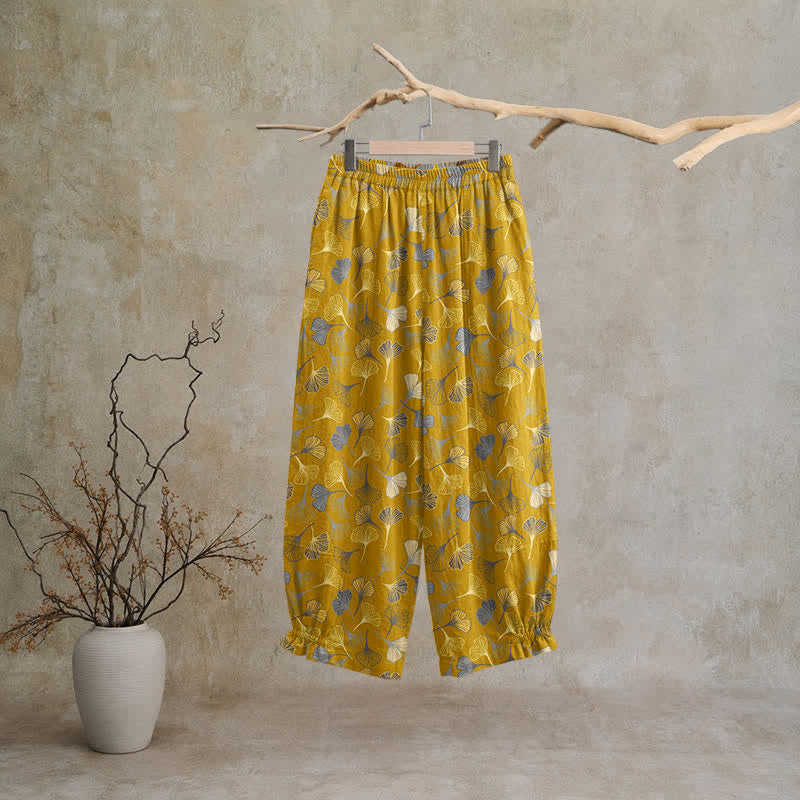 Mehrfarbige Loungehose aus Baumwolle mit Ginkgoblattmuster - image 6