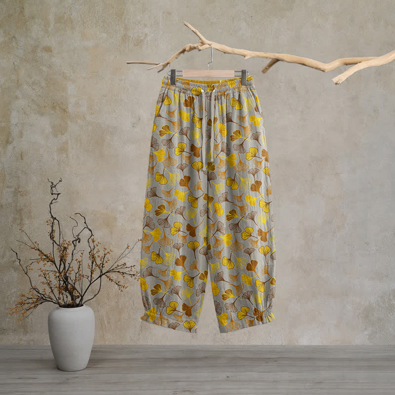 Mehrfarbige Loungehose aus Baumwolle mit Ginkgoblattmuster - Grau - XL - image 10