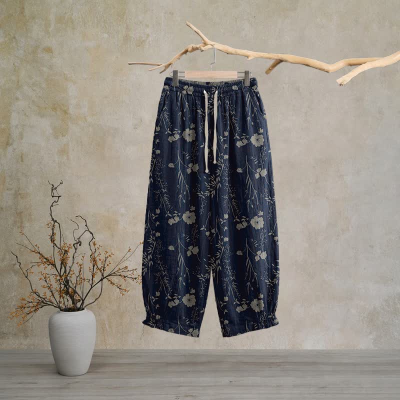 Marineblaue Loungehose aus Baumwollgewebe mit Wildblumenmuster - Marineblau - XL - image 0