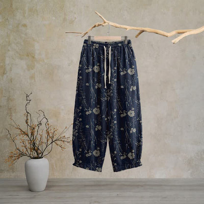 Marineblaue Loungehose aus Baumwollgewebe mit Wildblumenmuster - Marineblau - XL - image 0