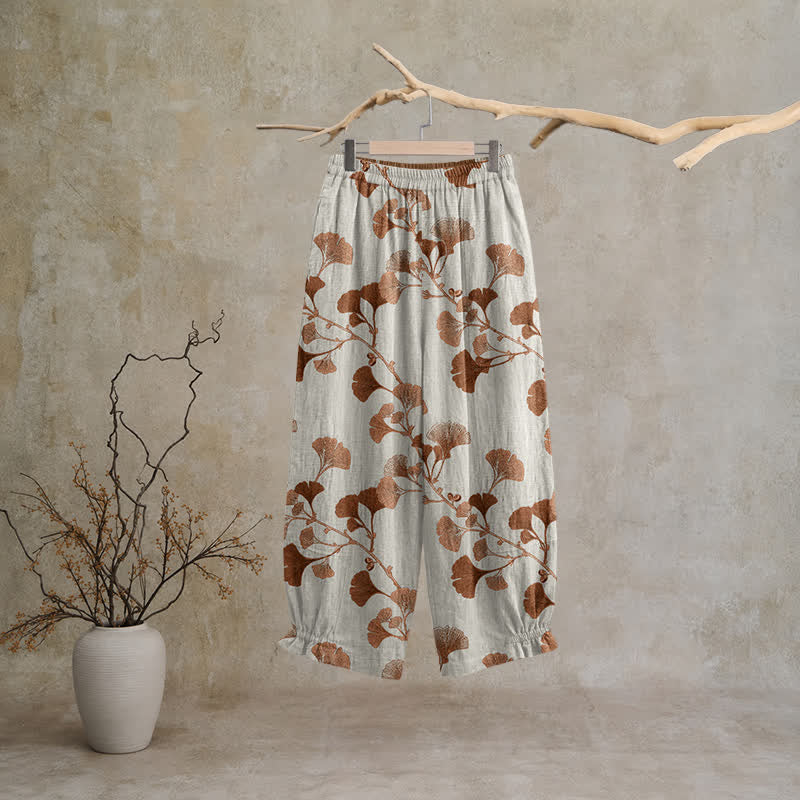 Beigefarbene Loungehose aus Baumwolle mit Rostmuster und Ginkgoblattmuster - image 1