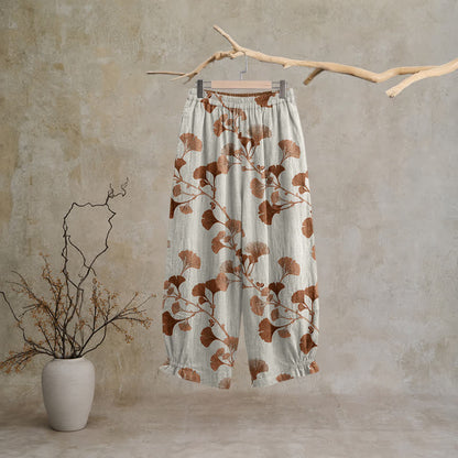 Beigefarbene Loungehose aus Baumwolle mit Rostmuster und Ginkgoblattmuster - image 1