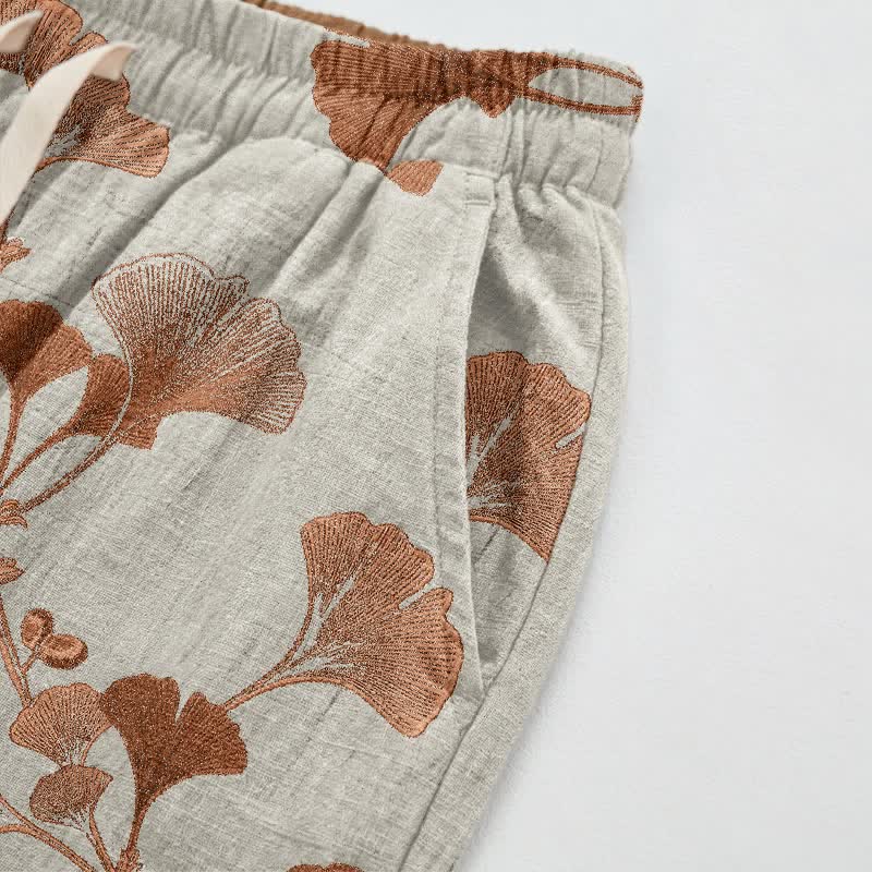 Beigefarbene Loungehose aus Baumwolle mit Rostmuster und Ginkgoblattmuster - image 3