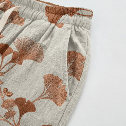 Beigefarbene Loungehose aus Baumwolle mit Rostmuster und Ginkgoblattmuster - image 3