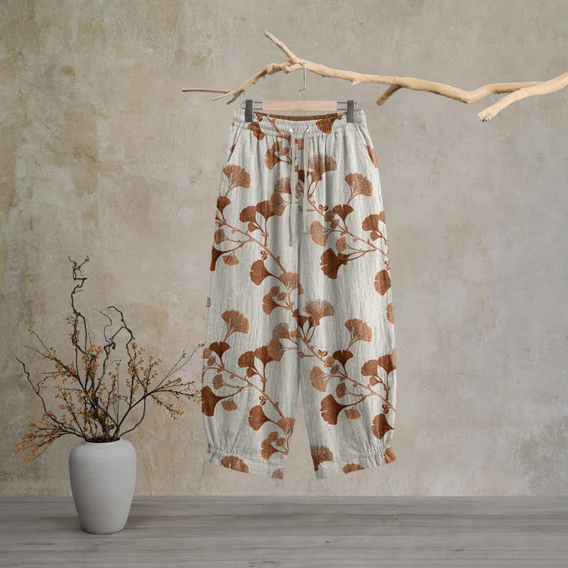 Beigefarbene Loungehose aus Baumwolle mit Rostmuster und Ginkgoblattmuster - Beige - XL - image 0
