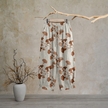Beigefarbene Loungehose aus Baumwolle mit Rostmuster und Ginkgoblattmuster - Beige - XL - image 0