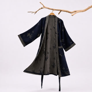Marineblauer Kimono-Bademantel aus doppellagigem Baumwoll-Doppelgaze mit Schmetterlingsmotiv - Marine - 2XL - image 0
