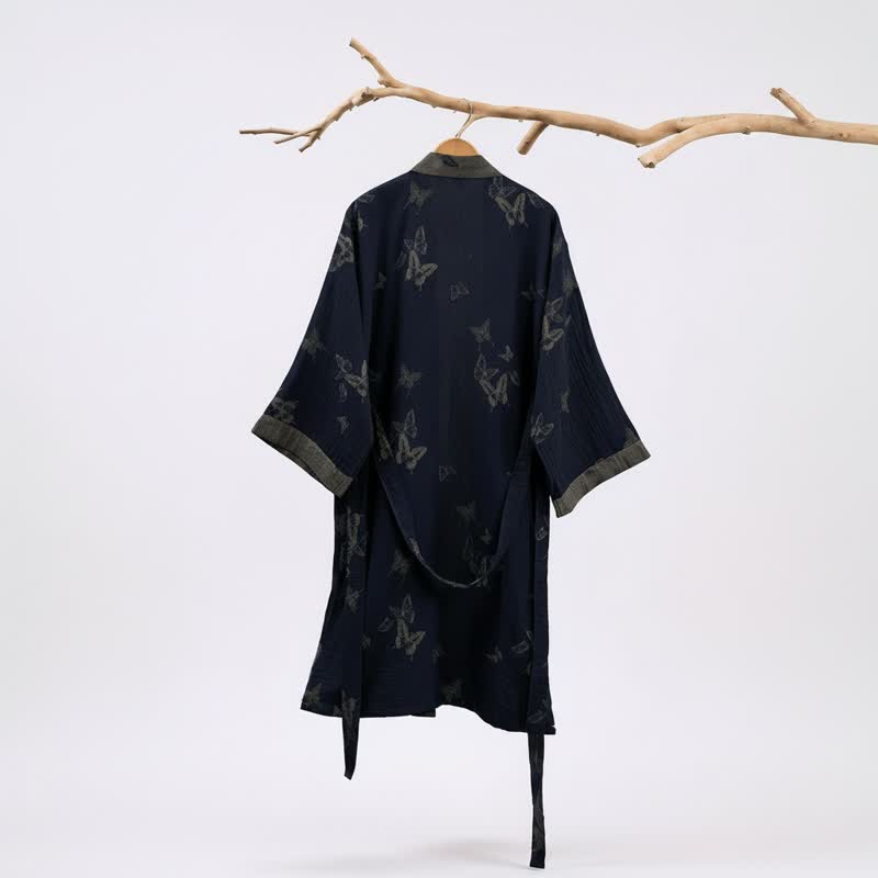 Marineblauer Kimono-Bademantel aus doppellagigem Baumwoll-Doppelgaze mit Schmetterlingsmotiv - image 1