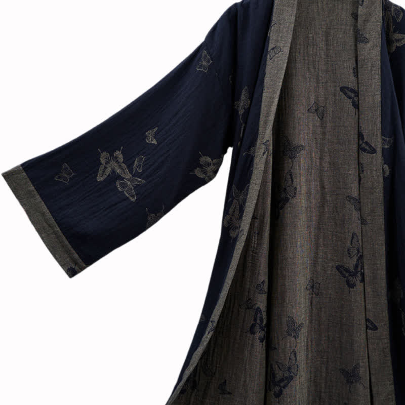 Marineblauer Kimono-Bademantel aus doppellagigem Baumwoll-Doppelgaze mit Schmetterlingsmotiv - image 3