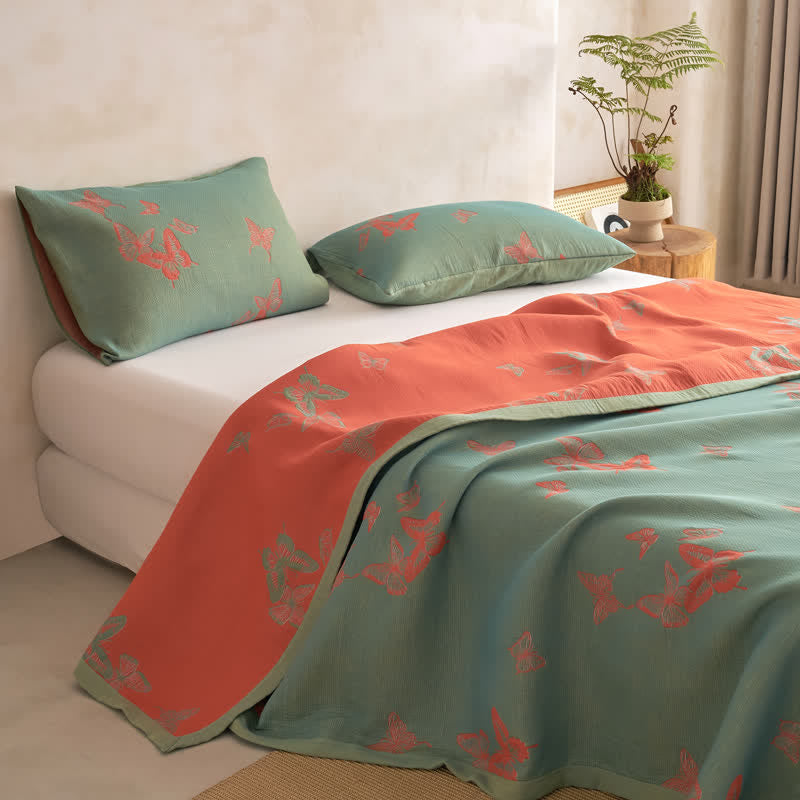 Elegante Baumwoll-Steppdecke mit Schmetterlingsmuster - Grün & Gebranntes Orange - Steppdecke mit 2 Kissenbezügen - Cal King - image 7