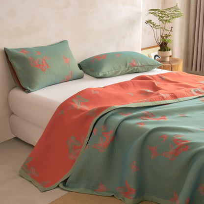 Elegante Baumwoll-Steppdecke mit Schmetterlingsmuster - Grün & Gebranntes Orange - Steppdecke mit 2 Kissenbezügen - Cal King - image 7