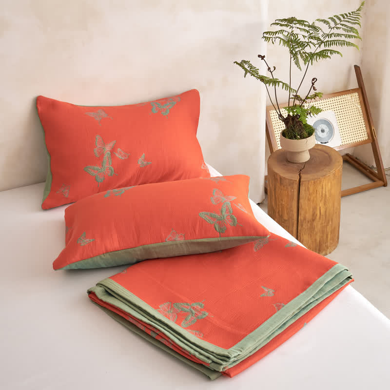 Elegante Baumwoll-Steppdecke mit Schmetterlingsmuster - Hellorange & Grün - 2 Kissenbezüge - 51cm x 91cm - image 17