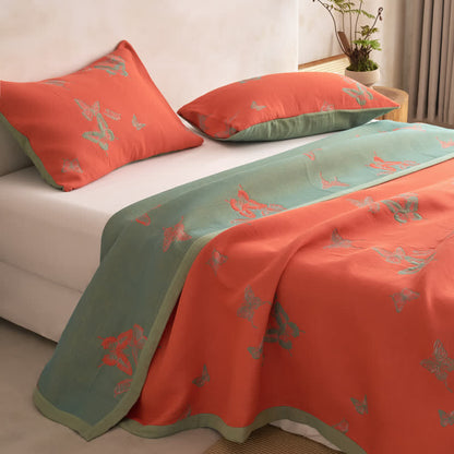 Elegante Baumwoll-Steppdecke mit Schmetterlingsmuster - Hellorange & Grün - Steppdecke mit 2 Kissenbezügen - Cal King - image 14