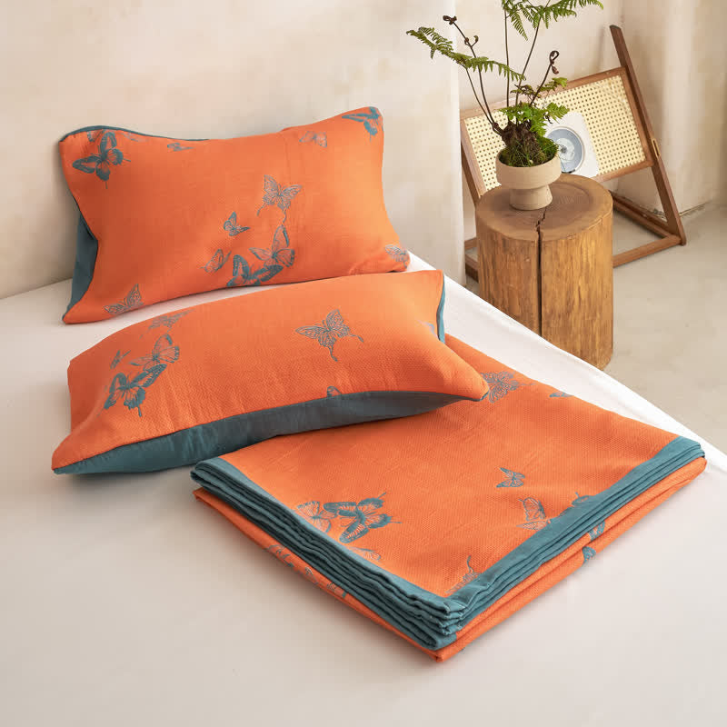 Elegante Baumwoll-Steppdecke mit Schmetterlingsmuster - Orange & Dunkelblau - 2 Kissenbezüge - 51cm x 91cm - image 24