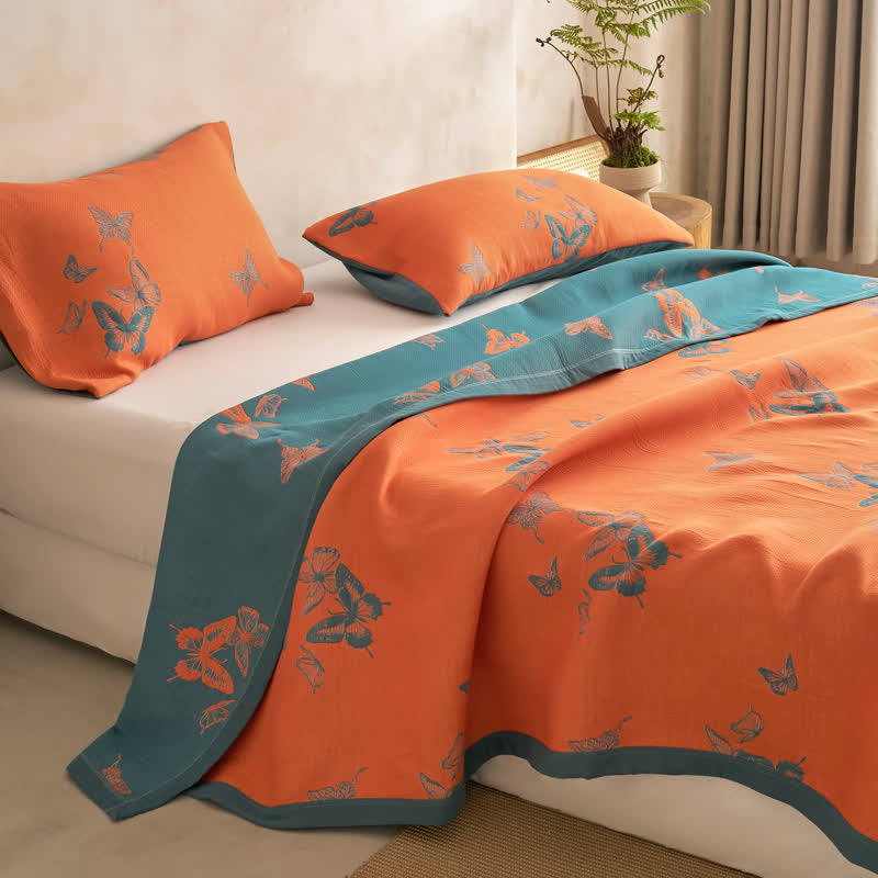 Elegante Baumwoll-Steppdecke mit Schmetterlingsmuster - Orange & Dunkelblau - Steppdecke mit 2 Kissenbezügen - Cal King - image 21
