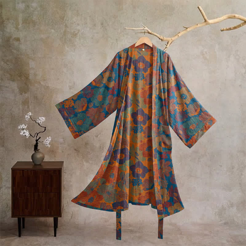 Vintage Kimono-Bademantel aus Baumwolle mit Blumenmuster - Blau - XL - image 5