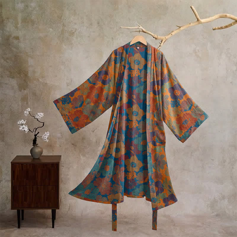 Vintage Kimono-Bademantel aus Baumwolle mit Blumenmuster - Orange - XL - image 0