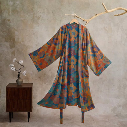 Vintage Kimono-Bademantel aus Baumwolle mit Blumenmuster - Orange - XL - image 0