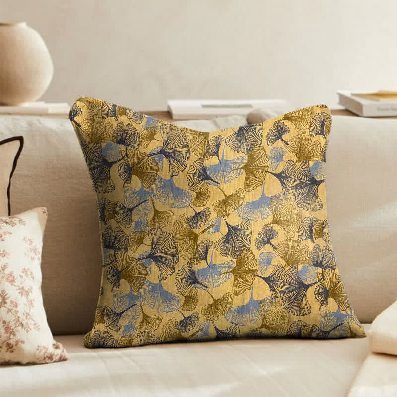 Kissen aus Baumwollgaze mit goldenem Ginkgoblatt - 45cm x 45cm - Nur die Hülle - image 0
