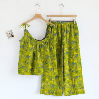 Retro-Loungewear-Set aus Baumwolle mit botanischem Ginkgoblatt-Tami-Top - Grün - XL - image 0