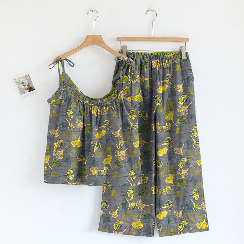 Retro-Loungewear-Set aus Baumwolle mit botanischem Ginkgoblatt-Tami-Top - Grau - XL - image 4