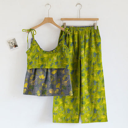 Retro-Loungewear-Set aus Baumwolle mit botanischem Ginkgoblatt-Tami-Top - image 1