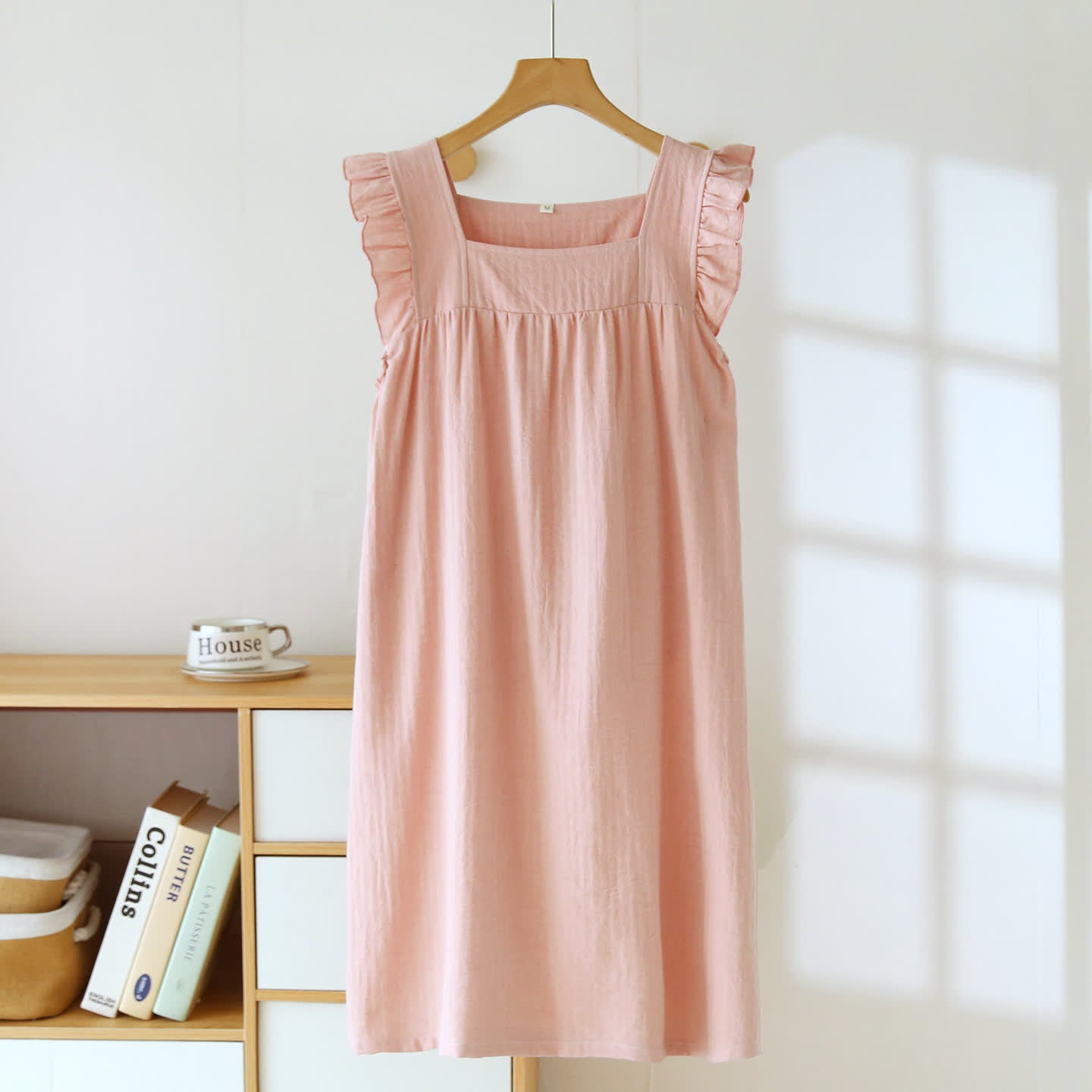 Baumwoll-Loungekleid mit eckigem Ausschnitt und Rüschen - Rosa - XL - image 1