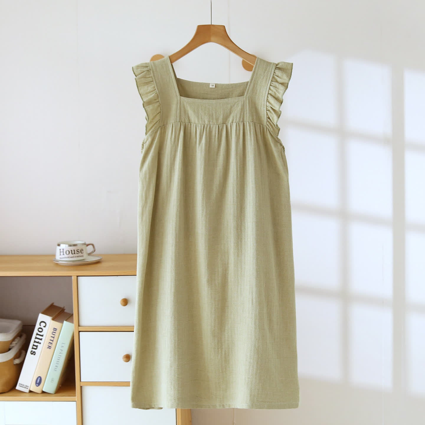 Baumwoll-Loungekleid mit eckigem Ausschnitt und Rüschen - Grün - XL - image 2