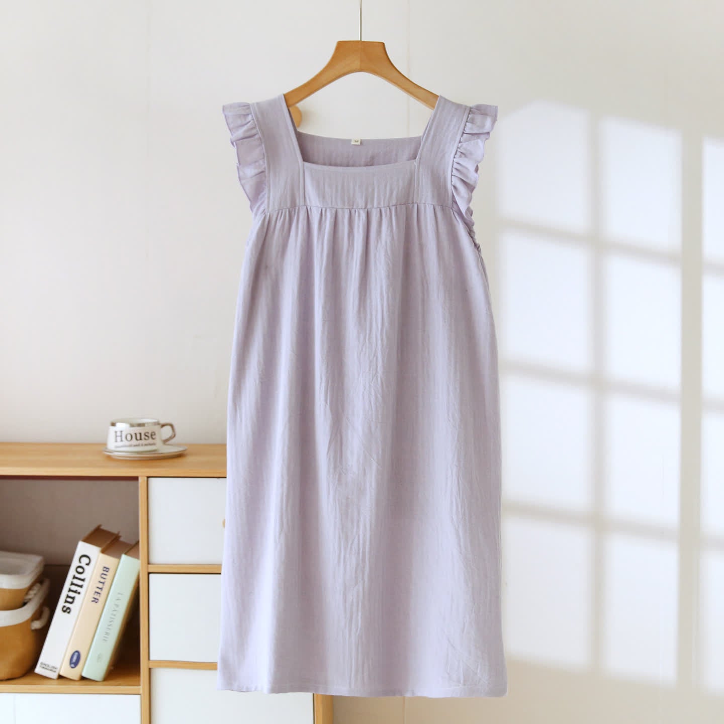Baumwoll-Loungekleid mit eckigem Ausschnitt und Rüschen - Lila - XL - image 10