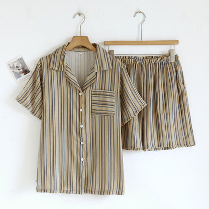 Vintage-Straped Cotton Loungewear Set - Beige - XL - image 0