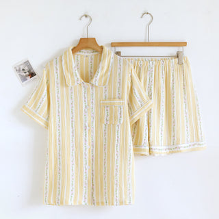 Loungewear-Set mit Blumenstreifen und Knopfleiste - Gelb - XL - image 0