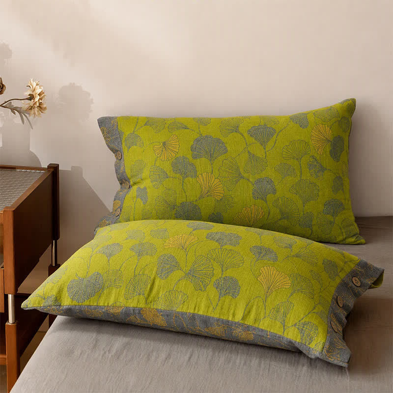 Vintage Bettwäsche-Set aus Baumwolle mit grünem Ginkgoblatt - Grün - 2 Kissenbezüge - 40'' x 20'' - image 5