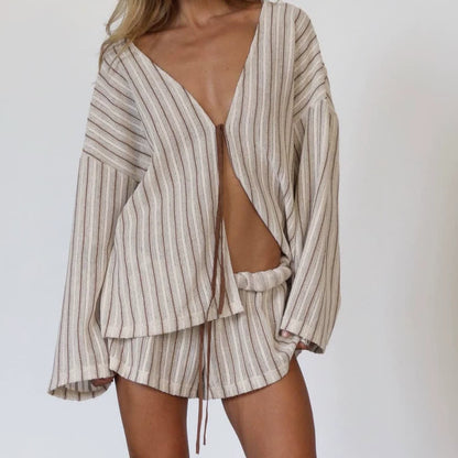 Müheloses gestreiftes Baumwoll-Wickel-Resort-Loungewear-Set - Braun - L - image 2