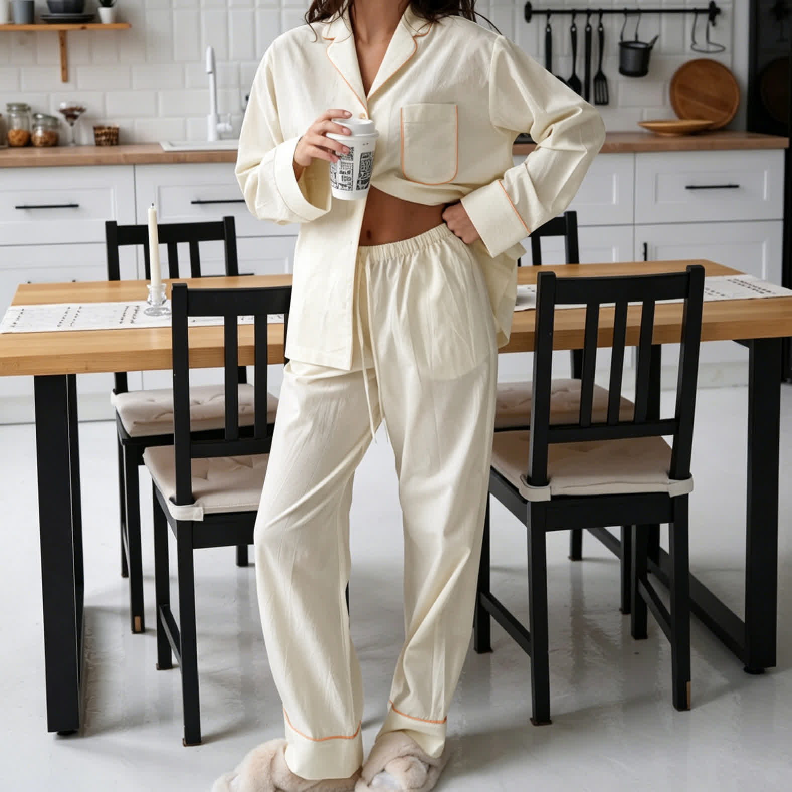 Minimalistischer Baumwoll-Pyjama-Set mit langen Ärmeln und Taschen - Beige - L - image 0