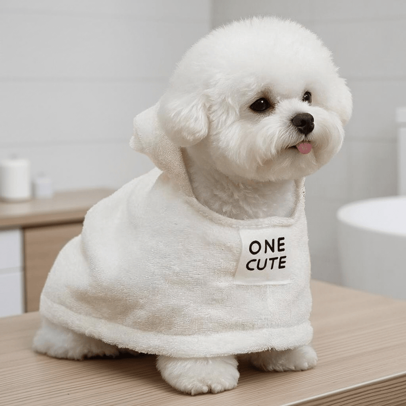 Hundebademantel mit Kapuze aus weißem Frottee und Baumwolle - Weiß - M - image 0
