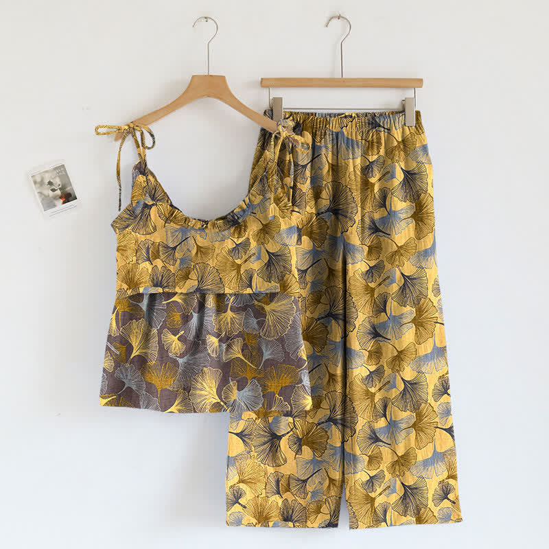 Retro-Loungewear-Set aus Baumwoll-Cami mit Ginkgoblattmuster - image 1