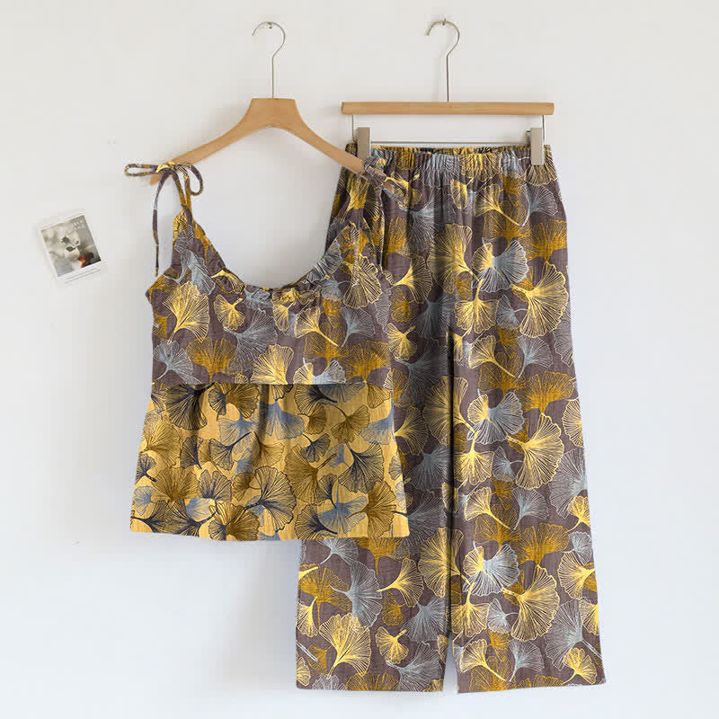 Retro-Loungewear-Set aus Baumwoll-Cami mit Ginkgoblattmuster - image 5