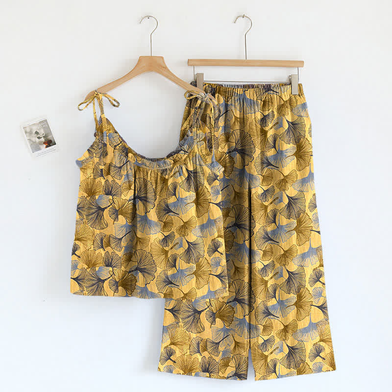 Retro-Loungewear-Set aus Baumwoll-Cami mit Ginkgoblattmuster - Gelb - XL - image 0