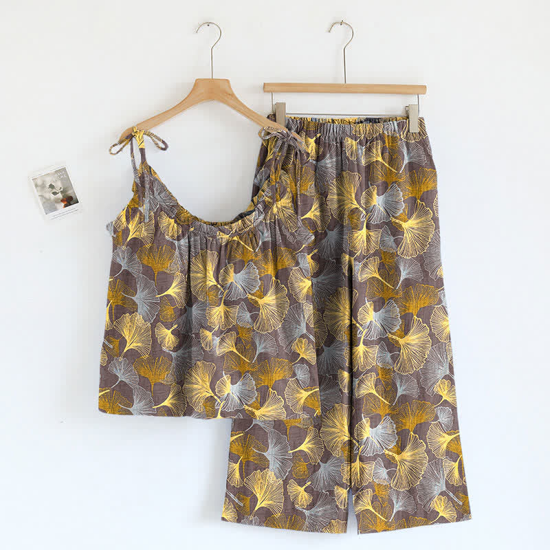 Retro-Loungewear-Set aus Baumwoll-Cami mit Ginkgoblattmuster - Hellbraun - XL - image 4