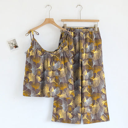 Retro-Loungewear-Set aus Baumwoll-Cami mit Ginkgoblattmuster - Hellbraun - XL - image 4