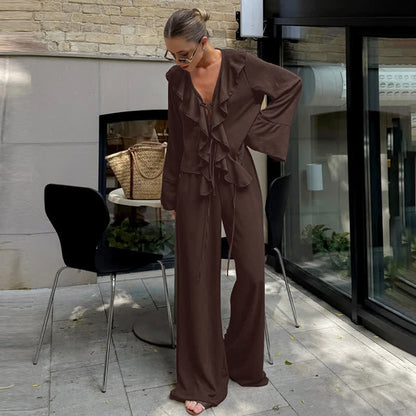 Romantisches Loungewear-Set mit Rüschen und Bindeband vorne - Braun - L - image 6