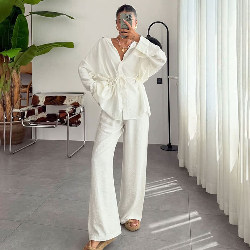 Loungewear-Set aus einfarbigem, strukturiertem Crinkle-Gewebe - Weiß - L - image 0