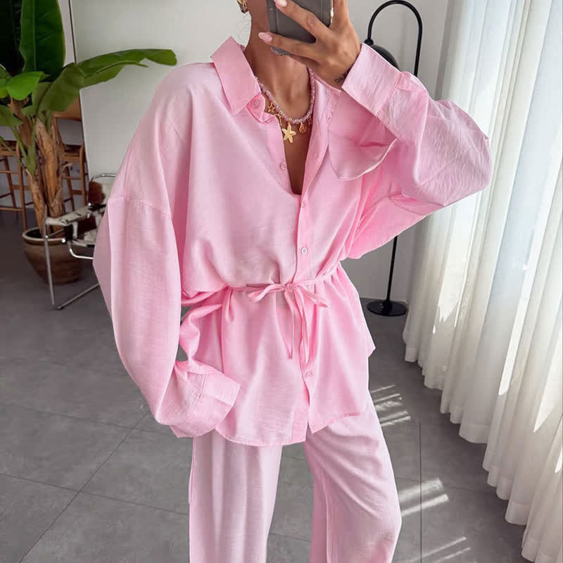 Loungewear-Set aus einfarbigem, strukturiertem Crinkle-Gewebe - Rosa - L - image 6