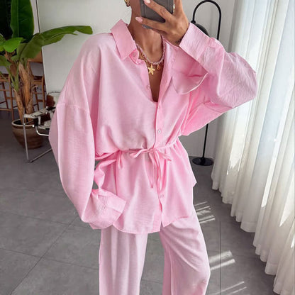 Loungewear-Set aus einfarbigem, strukturiertem Crinkle-Gewebe - Rosa - L - image 6
