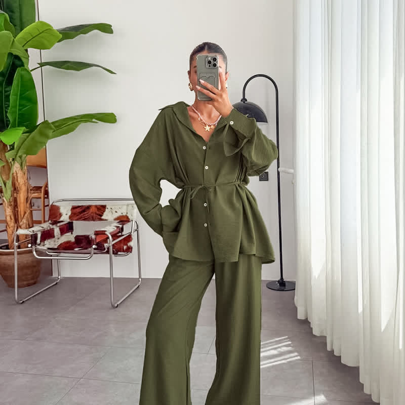 Loungewear-Set aus einfarbigem, strukturiertem Crinkle-Gewebe - Grün - L - image 7